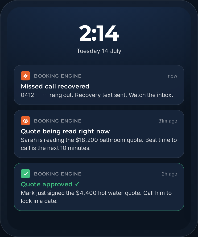 An owner alert showing that a customer has viewed an important quote.
